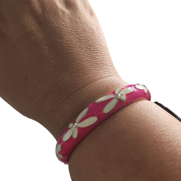 Willi Smith NWT Clamp Pink Floral Enamel and Rhinestones Bracelet - Picture 2 of 6